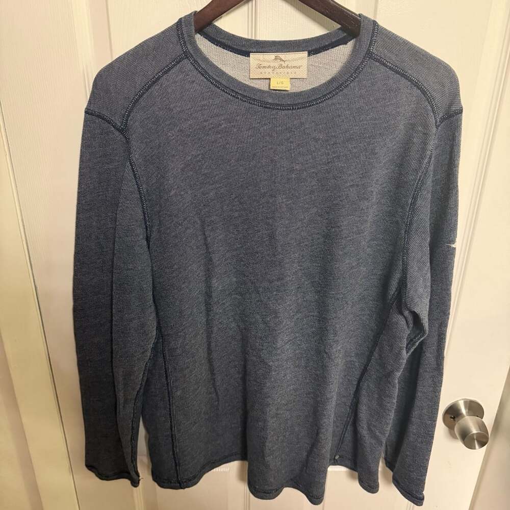 Tommy Bahama Reversible Long Sleeve Waffle Knit Crewneck Shirt Blue Size L